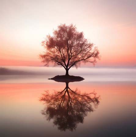 Lonely tree on the lake at sunrise with reflection in waterの素材