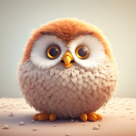 Cute cartoon owl with big eyes. 3d render illustration.の素材