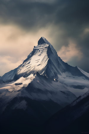 Snowy mountain peak at sunset. Computer generated 3D photo renderingの素材