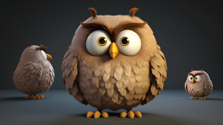 3D Illustration of an Owl and owls on a dark backgroundの素材