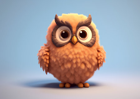 Cute cartoon owl with big eyes on blue background. 3d renderingの素材