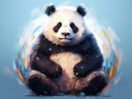 Panda bear sitting on a background of colored spots. Vector illustrationの素材