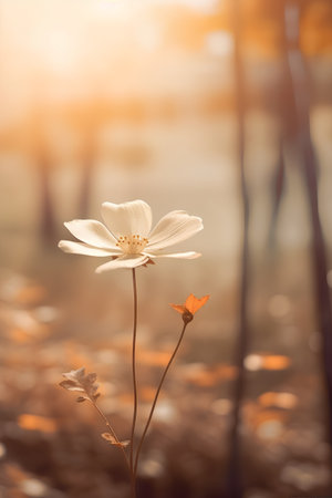 Beautiful white cosmos flower in the garden at sunset, vintage filterの素材