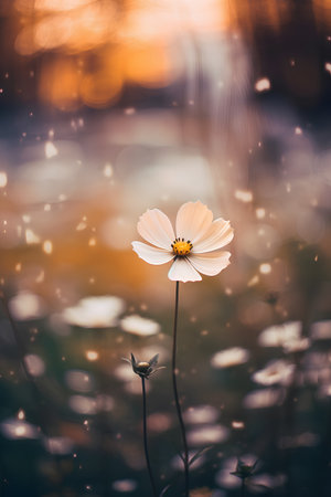 Beautiful white cosmos flower in the meadow at sunset, vintage color toneの素材