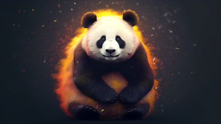 Cute panda sitting on the ground with fire effect in the backgroundの素材