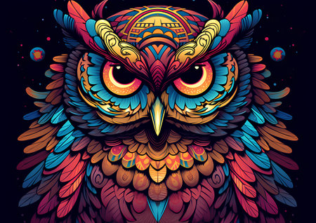 Owl. Vector illustration. Colorful owl on dark background.の素材