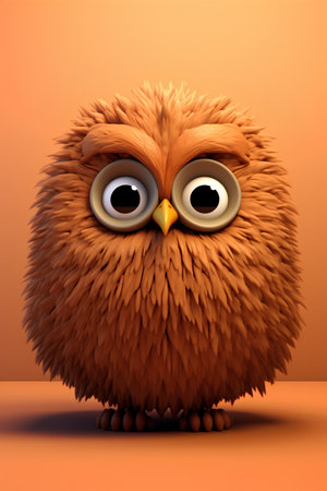 Cute orange owl with big eyes on orange background. 3D renderingの素材
