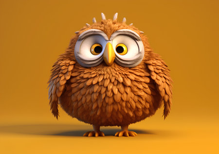 Cute owl with big eyes on orange background. 3D illustration.の素材