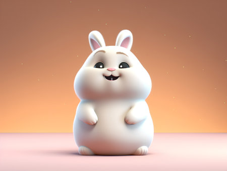 Cute white rabbit sitting on the floor. 3D rendering.の素材