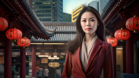 Asian business woman in a red suit standing in front of the temple.の素材