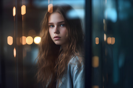 Portrait of a beautiful girl with long hair on a background of the window.の素材