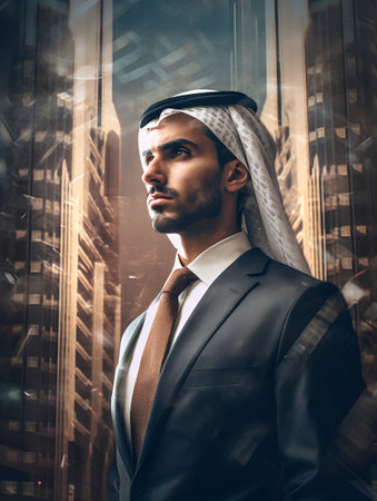 Portrait of a handsome arabian businessman on a city background.の素材