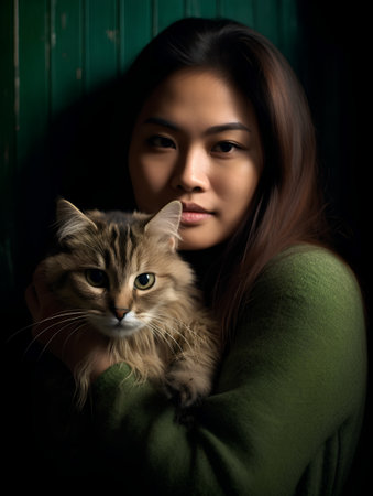 Portrait of a beautiful asian woman with long hair and catの素材