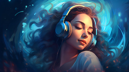 3d illustration of a beautiful girl listening to music with headphones.の素材