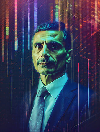Portrait of a pensive mature businessman in a business suit looking at the camera over abstract colorful background.の素材