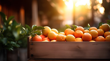 Fresh oranges in a wooden box on a background of the sun.の素材
