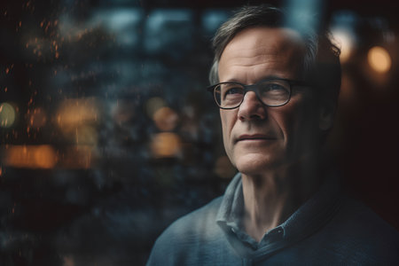 Portrait of a handsome mature man with glasses and blue sweater.の素材