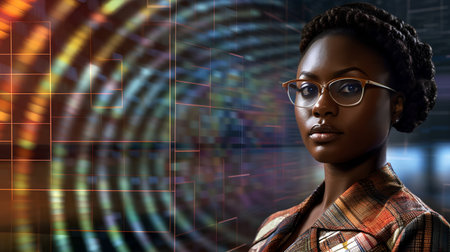 Fashionable african american woman wearing glasses and checkered shirt on abstract background.の素材