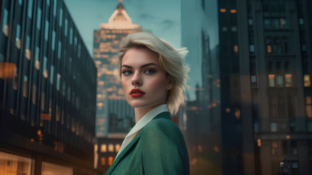 Beautiful blonde woman in a green jacket on the background of skyscrapersの素材