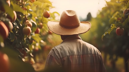 Farmer working in a persimmon orchard, rear viewの素材