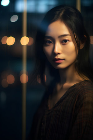 Beautiful asian woman in the city at night with light bokehの素材
