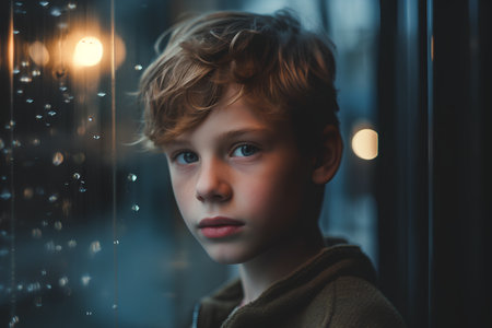 Portrait of a boy in a dark room with raindrops.の素材