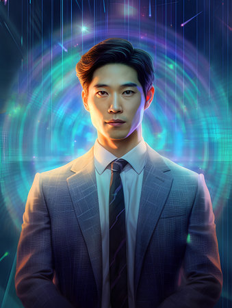 Portrait of a handsome young asian businessman on abstract background.の素材
