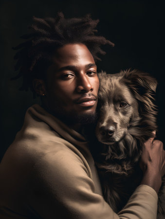 Portrait of a handsome african american man with dreadlocks hairstyle and dog on a dark backgroundの素材