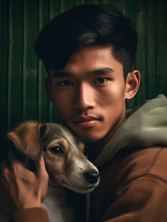 Portrait of a young Asian man with dog on wooden background.の素材