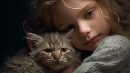 Portrait of a little girl with a cat on a black backgroundの素材