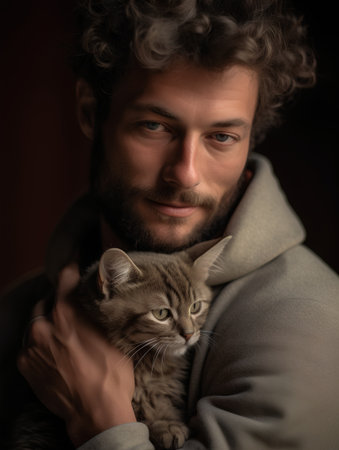Portrait of a handsome young man with a cat on a dark backgroundの素材