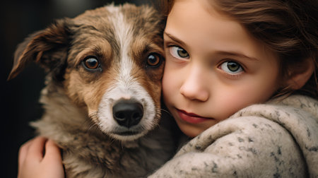 Portrait of a cute little girl with her dog at home.の素材