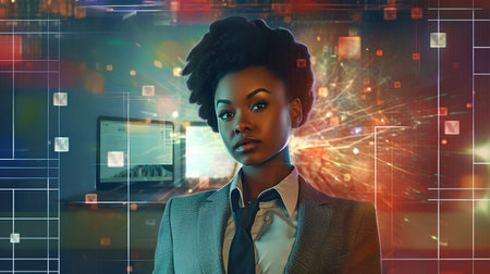 Futuristic african american businesswoman with futuristic interface. 3D renderingの素材