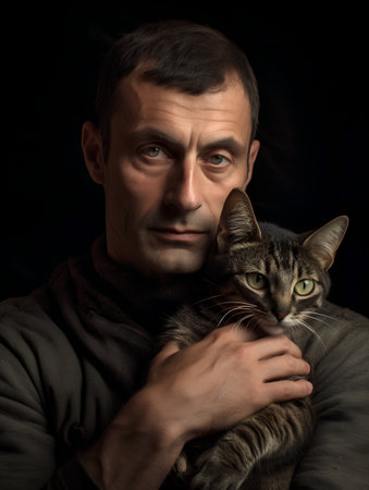 Portrait of a man with a cat on a black background.の素材
