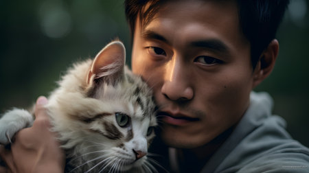 Portrait of young Asian man holding a cat in his arms.の素材