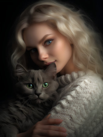 Portrait of a beautiful young woman with long blonde hair and cat.の素材