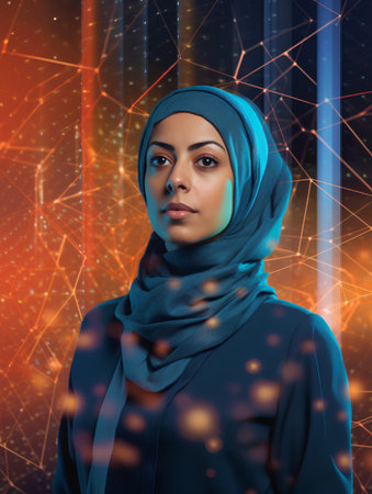 Portrait of a beautiful young muslim woman in a blue hijab.の素材