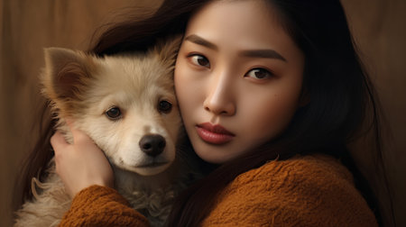 Portrait of a beautiful asian woman with dog in her armsの素材