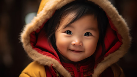 Portrait of a cute little asian girl wearing a warm coatの素材