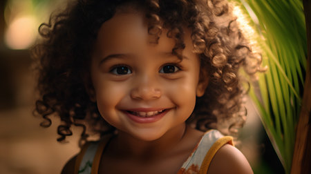 Portrait of a smiling African American little girl with curly hair.の素材