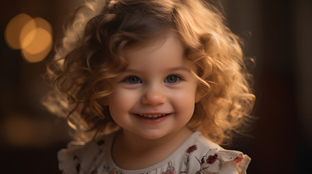 Portrait of a cute smiling little girl with curly hair in a light roomの素材