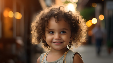 Portrait of a cute little girl with curly hair in the cityの素材