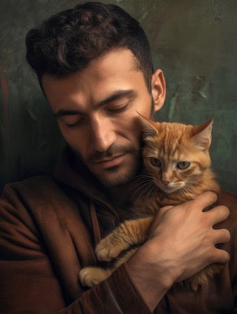 Portrait of a young man with a cat in his arms.の素材
