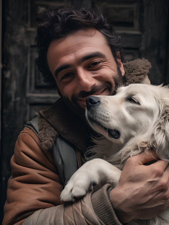Portrait of a young man with his dog on the street.の素材
