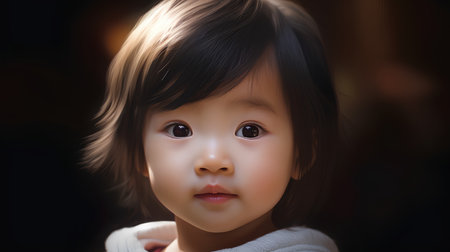 Portrait of a cute little asian girl on dark background.の素材