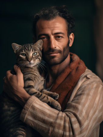 Portrait of a handsome man holding a cat in his arms.の素材