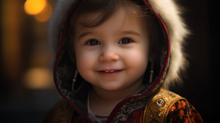 Portrait of a cute little girl in medieval costume on the streetの素材