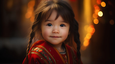 Portrait of a beautiful little girl in a red Indian costume.の素材