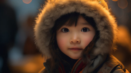 Cute asian little girl in winter coat with fur hood.の素材