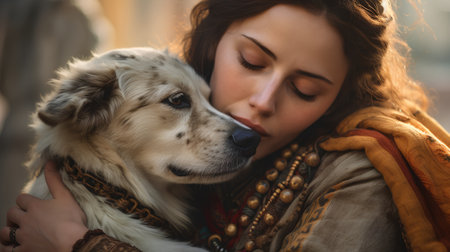 Portrait of a beautiful girl with a dog in her arms.の素材